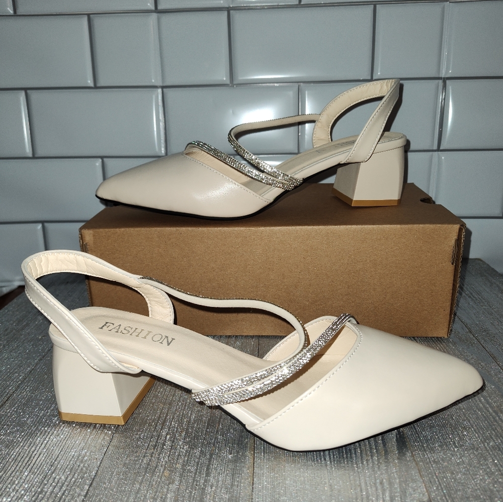Cream Off White Rhinestone Pointed Toe loafer chunky kitten heels 8 9